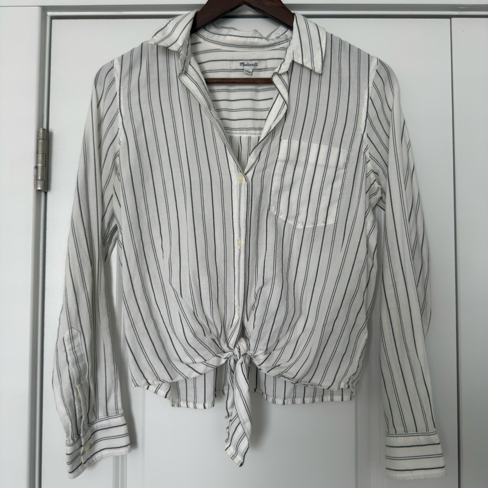 Madewell White and Gray Long Sleeve Crop Button Down
